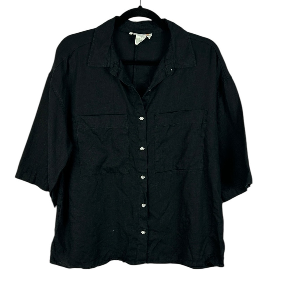 C&C California Linen Classic 3/4 Sleeve Button Down Shirt Medium Black Classic